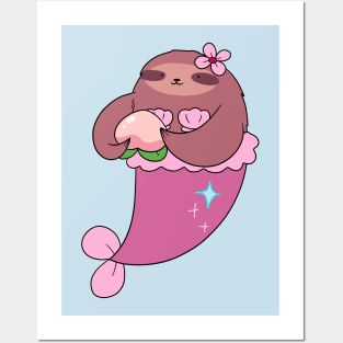 Peach Fruit Mermaid Sloth Posters and Art